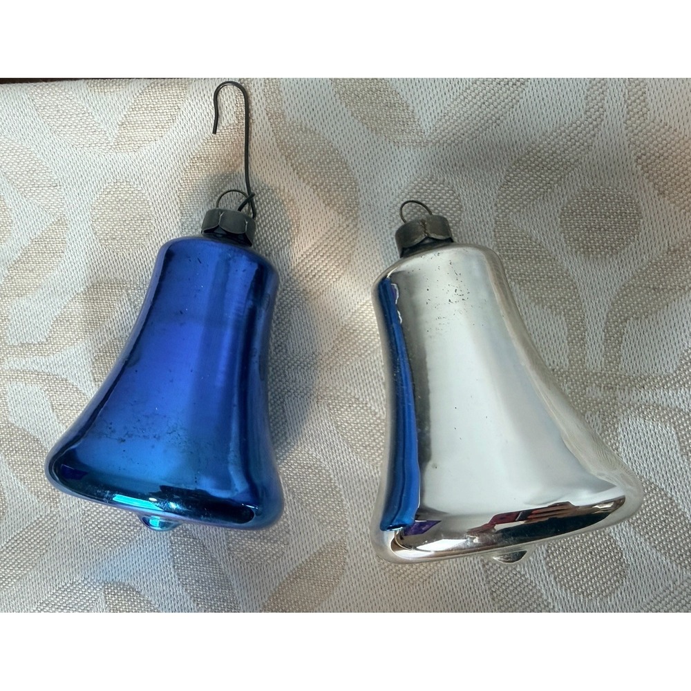 Vintage Shiny Brite Lot Of 2 Blue Silver Mercury Glass 3" Bell Ornaments USA